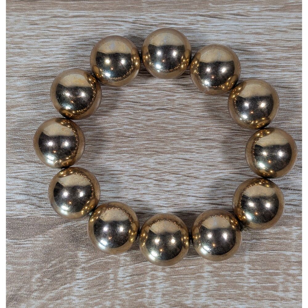 Gold Tone Stretch Bead Bracelet Round Polished Ball Beads Minimalist Jewelry